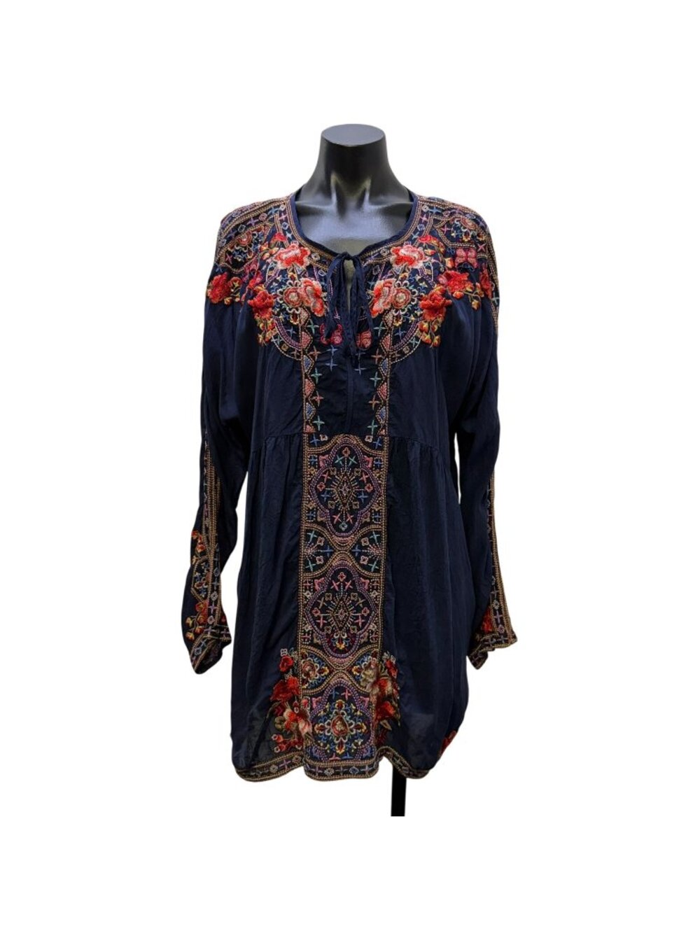Johnny Was Embroidered Navy Multi Tunic Blouse Boho Floral XL